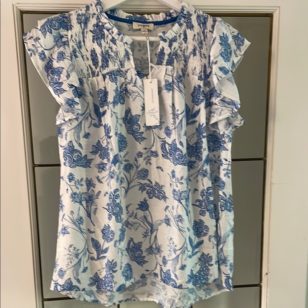 Umgee Blue and Gray Ruffled Blouse